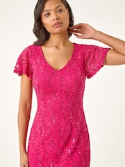 Roman Pink Sequin Lace Ruffle Stretch Midi Dress - Image 4 of 5