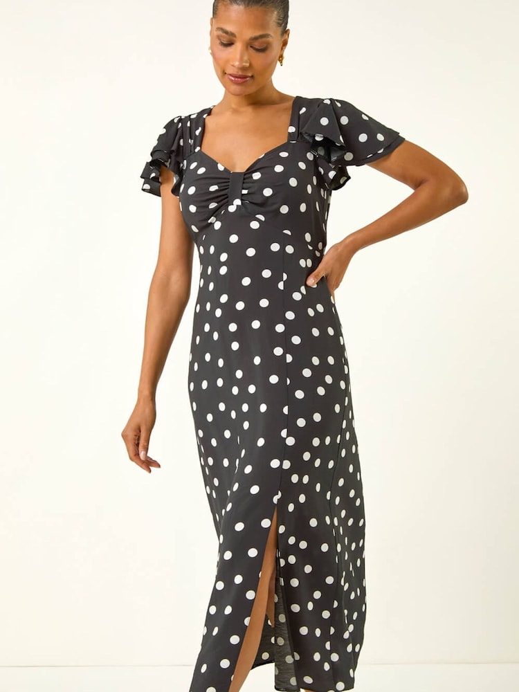 Roman Black Spot Print Sweetheart Midi Dress - Image 2 of 5 Roman Black Spot Print Sweetheart Midi Dress - Image 2 of 5
