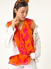 Roman Orange Tropical Print Ruffle Vest Top - Image 1 of 5