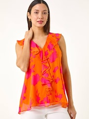 Roman Orange Tropical Print Ruffle Vest Top - Image 4 of 5