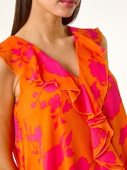 Roman Orange Tropical Print Ruffle Vest Top - Image 6 of 6