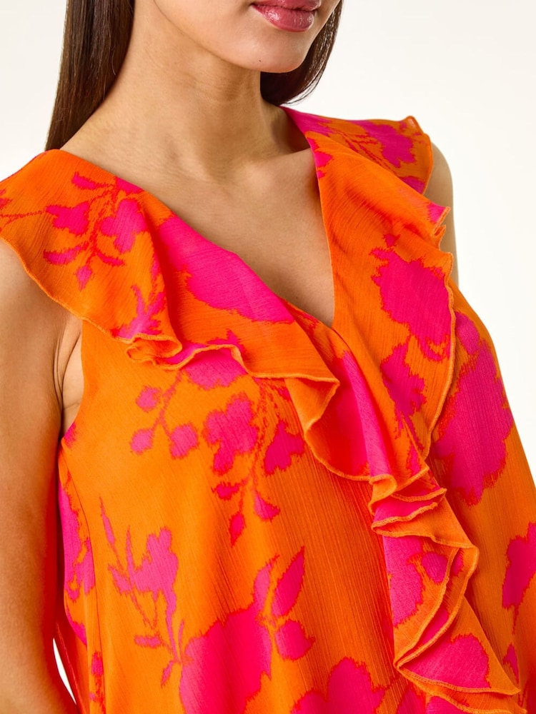 Roman Orange Tropical Print Ruffle Vest Top - Image 6 of 6