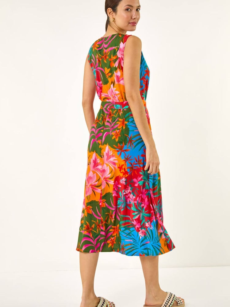 Roman Orange Tropical Print Button Through Midi Dress - Image 2 of 5