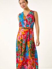 Roman Orange Tropical Print Button Through Midi Dress - Image 3 of 5