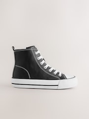 Black Faux Leather Wide Fit (G) Lace Up High Top Trainers - Image 1 of 5