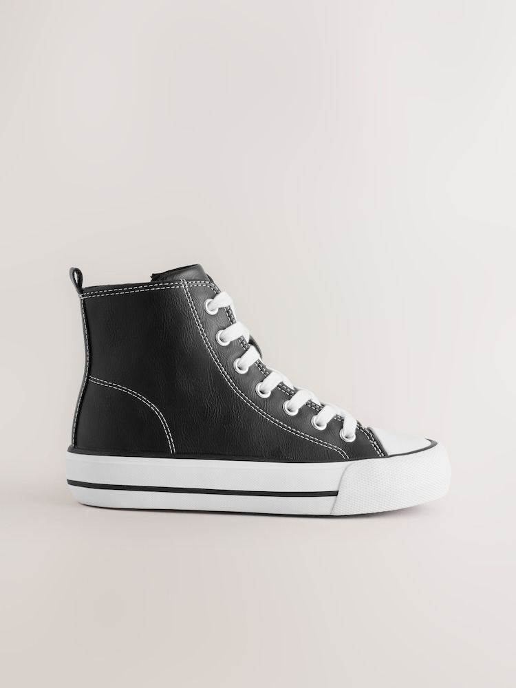 Black Faux Leather Wide Fit (G) Lace Up High Top Trainers - Image 1 of 5 Black Faux Leather Wide Fit (G) Lace Up High Top Trainers - Image 1 of 5