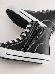 Black Faux Leather Wide Fit (G) Lace Up High Top Trainers - Image 3 of 5