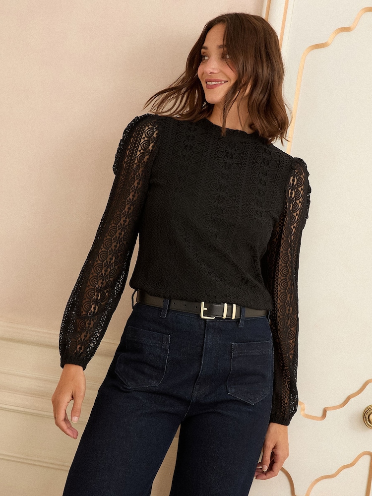 Love & Roses Black Petite Long Sleeve Lace Top - Image 1 of 4