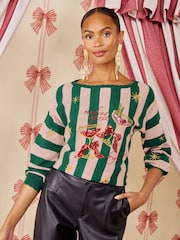 Love & Roses Striped Crew Neck Making Sprits Festive Jumper - Εικόνα 4 από 5