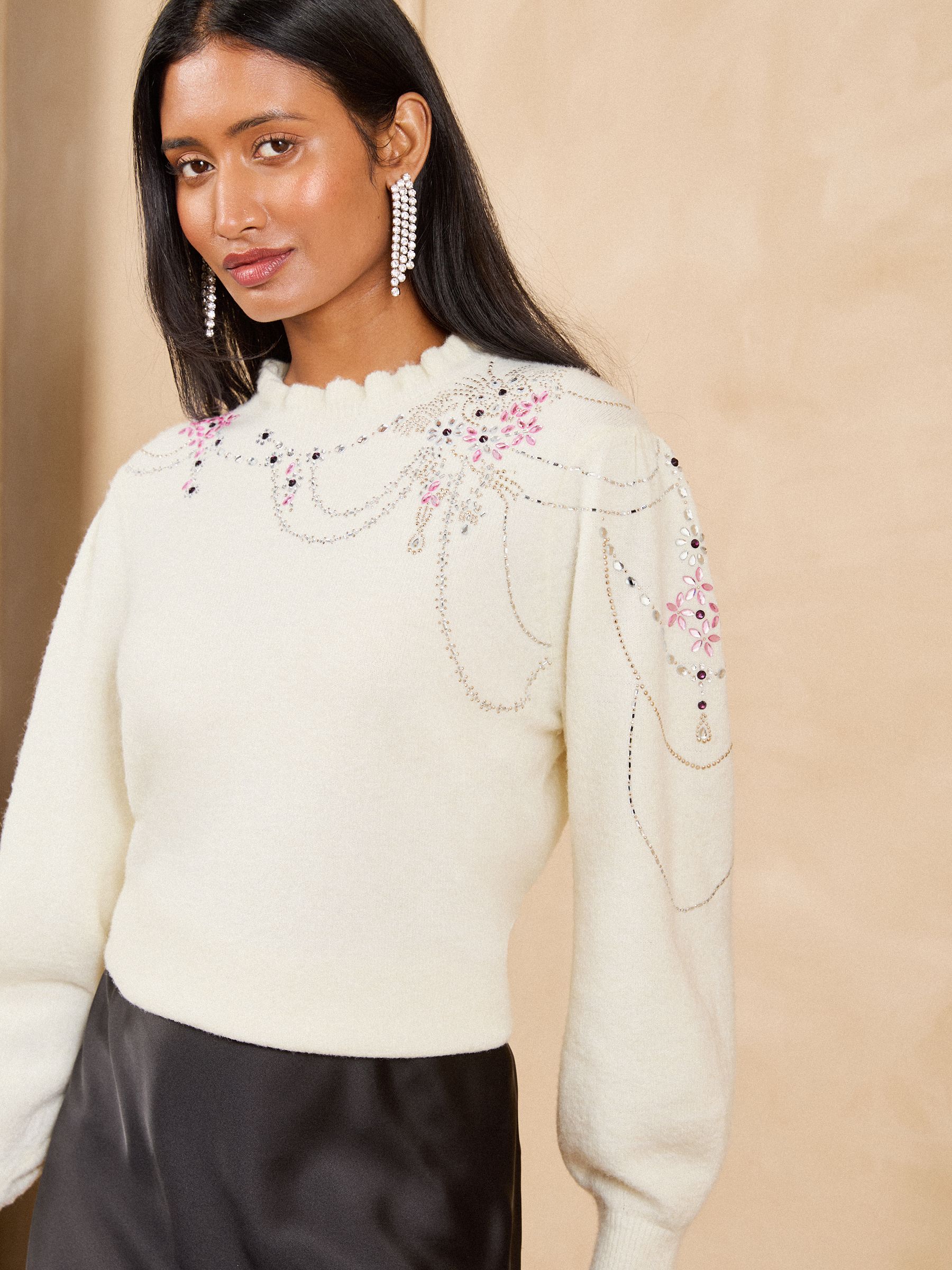 Buy Love & Roses X V&A Ivory Embellished Frill Neck Knitted Jumper