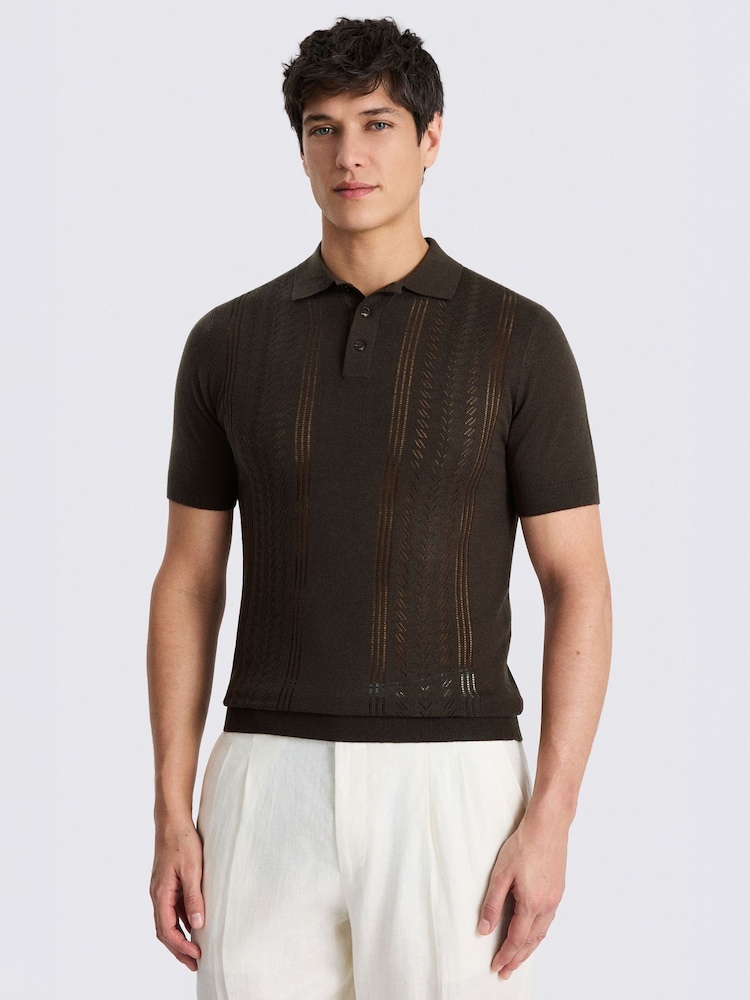 MOSS Brown 3 Button Pointelle Polo Shirt - Image 1 of 4 MOSS Brown 3 Button Pointelle Polo Shirt - Image 1 of 4