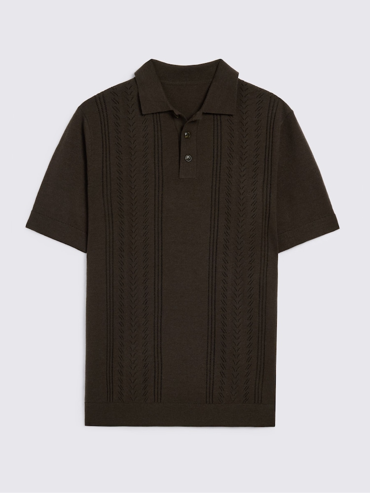 MOSS Brown 3 Button Pointelle Polo Shirt - Image 4 of 4 MOSS Brown 3 Button Pointelle Polo Shirt - Image 4 of 4