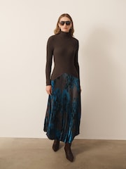 CERENE Bea Chocoale Brown Precious Floral Print Long Sleeve Knit Bodice Pleated Skirt Dress - Image 1 of 10
