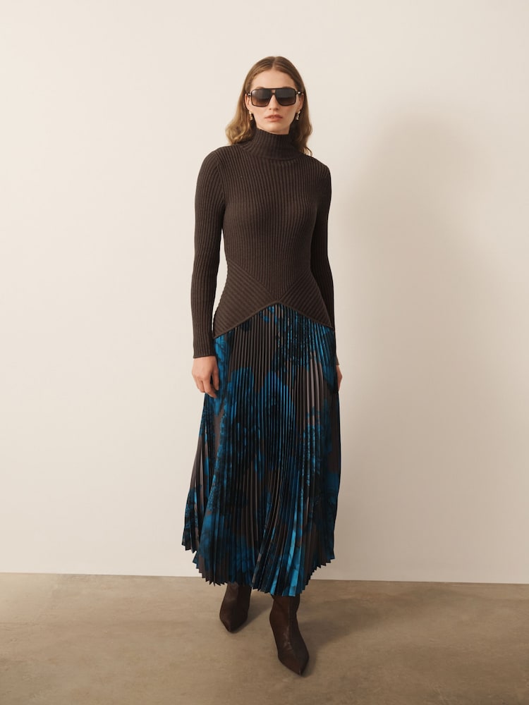 CERENE Bea Chocoale Brown Precious Floral Print Long Sleeve Knit Bodice Pleated Skirt Dress - Image 1 of 10