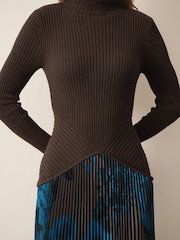 CERENE Bea Chocoale Brown Precious Floral Print Long Sleeve Knit Bodice Pleated Skirt Dress - Image 2 of 10