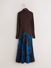 CERENE Bea Chocoale Brown Precious Floral Print Long Sleeve Knit Bodice Pleated Skirt Dress - Image 5 of 10