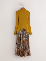CERENE Bea Orchre Yellow Cerenity Floral Print Long Sleeve Knit Bodice Pleated Skirt Dress - Image 1 of 12