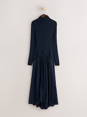 CERENE Bea Navy Long Sleeve Knit Bodice Pleated Skirt Dress - Image 1 of 12
