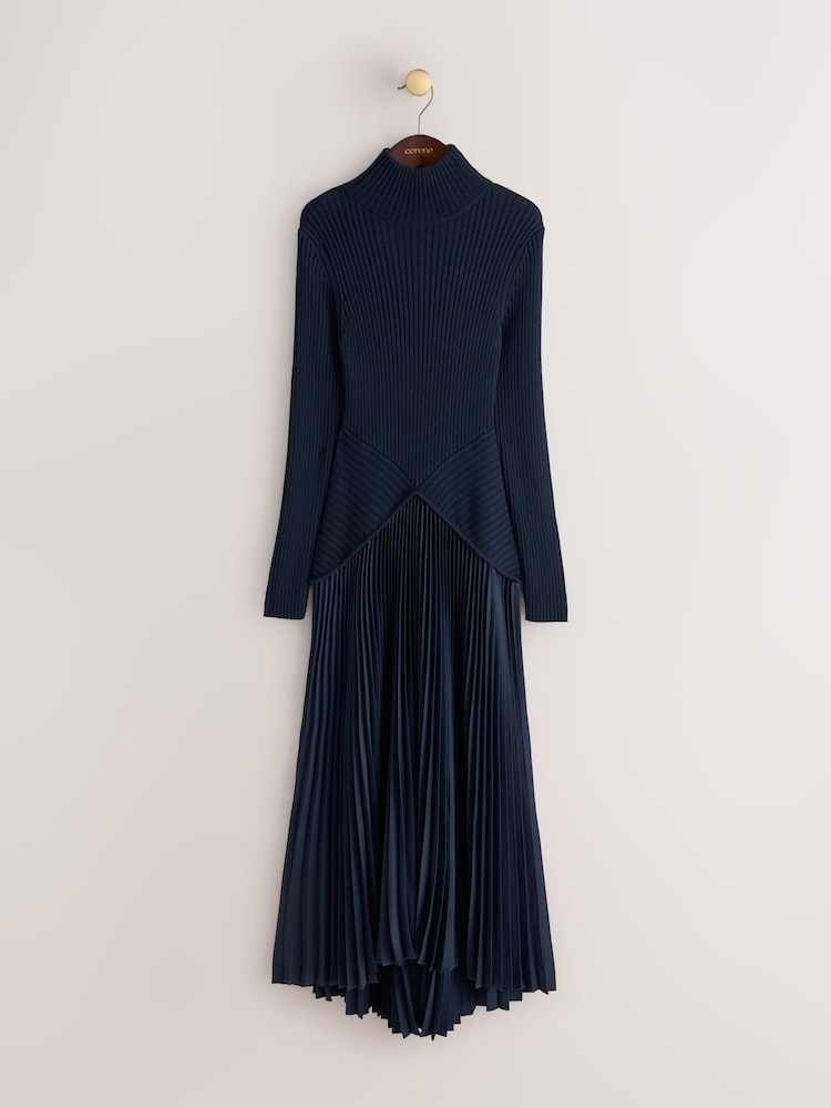 CERENE Bea Navy Long Sleeve Knit Bodice Pleated Skirt Dress - Image 1 of 12 CERENE Bea Navy Long Sleeve Knit Bodice Pleated Skirt Dress - Image 1 of 12