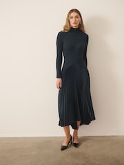 CERENE Bea Navy Long Sleeve Knit Bodice Pleated Skirt Dress - Image 2 of 12