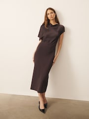 CERENE Katy Chocolate Brown 2 in1 Drape Satin Top Knitted Dress - Image 1 of 11