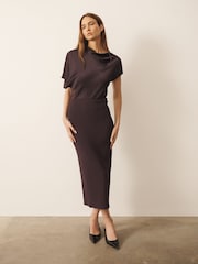 CERENE Katy Chocolate Brown 2 in1 Drape Satin Top Knitted Dress - Image 3 of 11