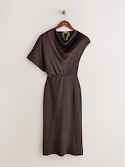 CERENE Katy Chocolate Brown 2 in1 Drape Satin Top Knitted Dress - Image 6 of 11