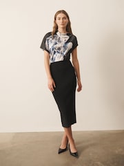 CERENE Katy Black Elegance Floral Print 2 in1 Drape Satin Top Knitted Dress - Image 1 of 10