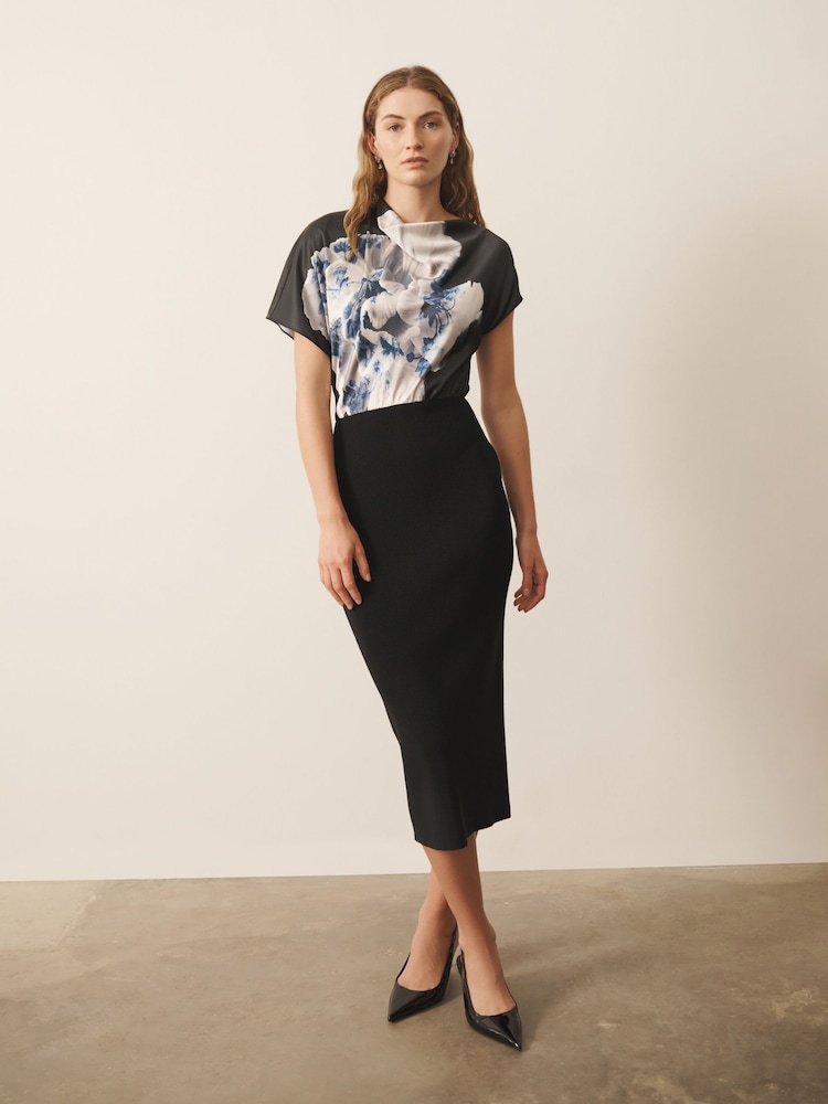 CERENE Katy Black Elegance Floral Print 2 in1 Drape Satin Top Knitted Dress - Image 1 of 10 CERENE Katy Black Elegance Floral Print 2 in1 Drape Satin Top Knitted Dress - Image 1 of 10