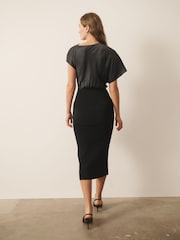 CERENE Katy Black Elegance Floral Print 2 in1 Drape Satin Top Knitted Dress - Image 3 of 10