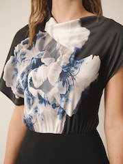 CERENE Katy Black Elegance Floral Print 2 in1 Drape Satin Top Knitted Dress - Image 4 of 10