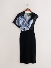 CERENE Katy Black Elegance Floral Print 2 in1 Drape Satin Top Knitted Dress - Image 5 of 10