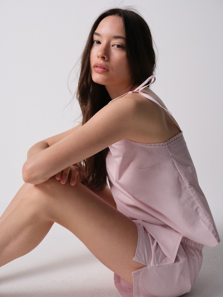 The Set 2 Pack Cotton Poplin Cami and Culotte Pyjamas Set Pink / Cream - Image 1 of 16