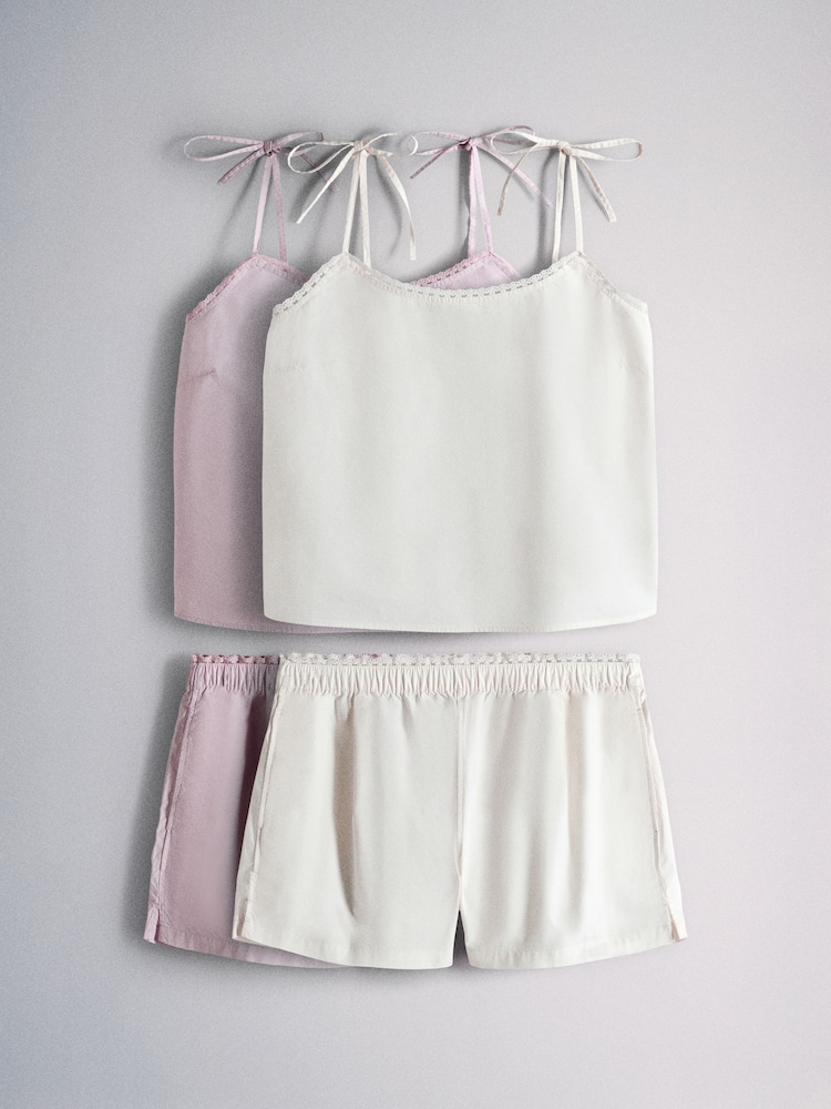 The Set 2 Pack Cotton Poplin Cami and Culotte Pyjamas Set Pink / Cream - Image 2 of 16