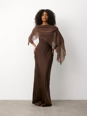 Six Stories Brown Square Neck Satin Bridesmaid Dress with Chiffon Cape - Image 1 of 6