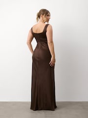 Six Stories Brown Square Neck Satin Bridesmaid Dress with Chiffon Cape - Image 2 of 6