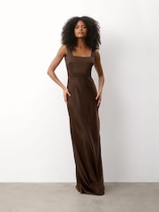 Six Stories Brown Square Neck Satin Bridesmaid Dress with Chiffon Cape - Image 4 of 6