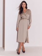 Lipsy Champagne Gold Petite Satin Long Sleeve Belted Gold Buckle Detail Midi Dress - Image 1 of 5