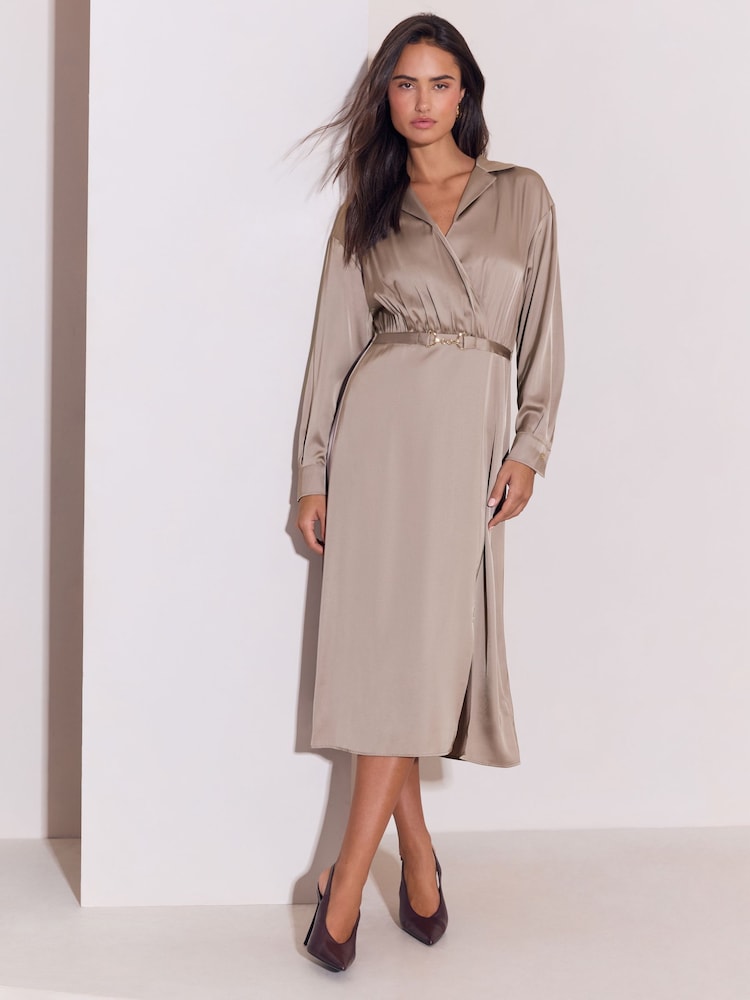 Lipsy Champagne Gold Petite Satin Long Sleeve Belted Gold Buckle Detail Midi Dress - Image 1 of 5