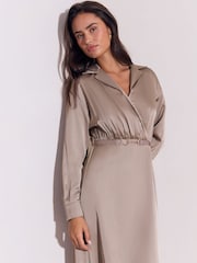 Lipsy Champagne Gold Petite Satin Long Sleeve Belted Gold Buckle Detail Midi Dress - Image 3 of 5