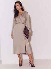 Lipsy Champagne Gold Petite Satin Long Sleeve Belted Gold Buckle Detail Midi Dress - Image 4 of 5