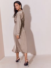 Lipsy Champagne Gold Petite Satin Long Sleeve Belted Gold Buckle Detail Midi Dress - Image 5 of 5