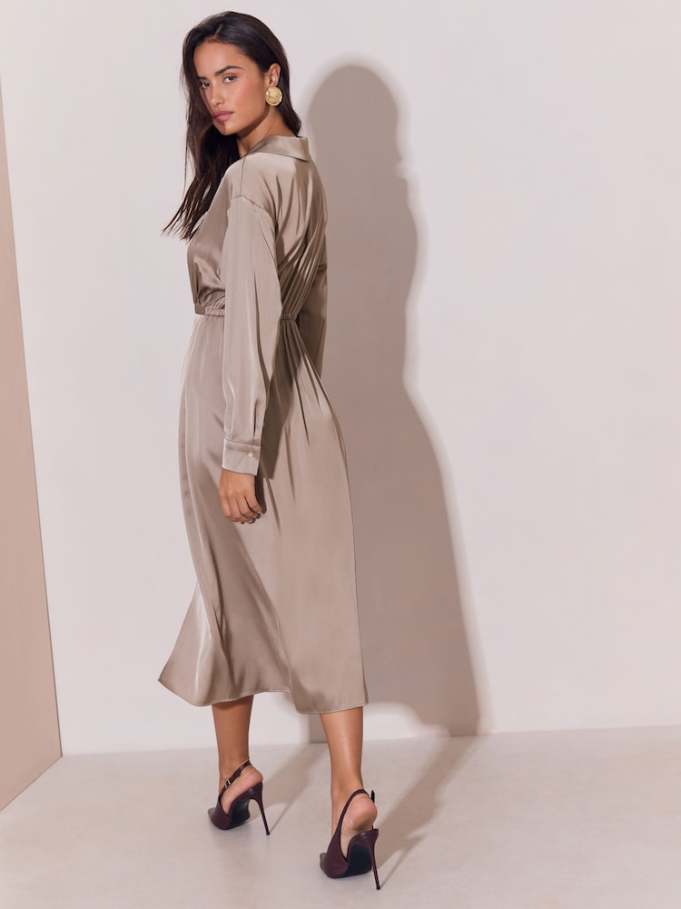 Lipsy Champagne Gold Petite Satin Long Sleeve Belted Gold Buckle Detail Midi Dress - Image 5 of 5