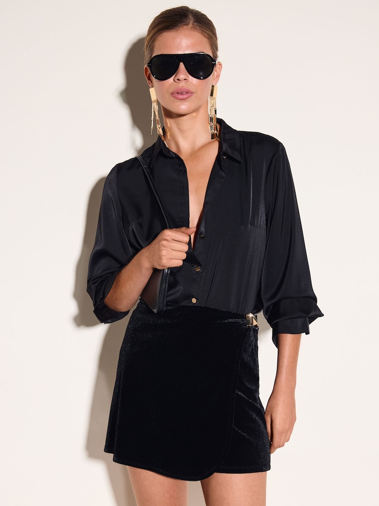 Friends Like These Black Velvet Wrap Hardware Detail Mini Skort - Image 2 of 5