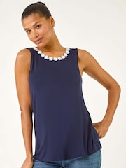 Roman Black Daisy Neck Trim Vest Top - Image 1 of 8