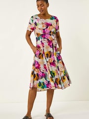 Roman Purple Floral Print Smock Dress - Image 1 of 5