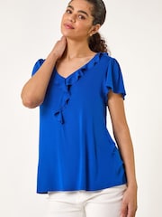 Roman Blue Ruffle Front Stretch Top - Image 1 of 5