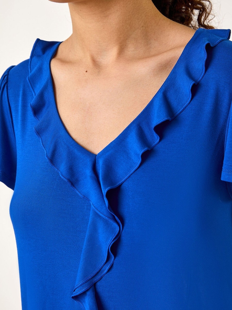 Roman Blue Ruffle Front Stretch Top - Image 2 of 5 Roman Blue Ruffle Front Stretch Top - Image 2 of 5