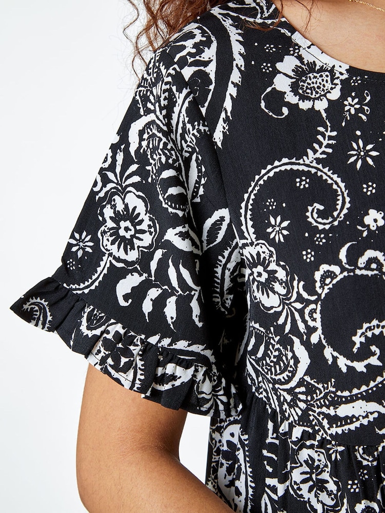 Roman Black Paisley Floral Tiered Smock Dress - Image 6 of 6 Roman Black Paisley Floral Tiered Smock Dress - Image 6 of 6