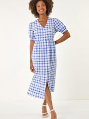 Roman Blue Check Button Midi Dress - Image 1 of 5